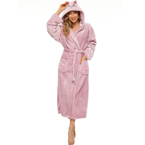 ccko Plush Robes for Women Fleece Fluffy Fuzzy Soft Warm Hooded Bathrobe, Pink, Medium at Amazon