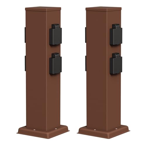 ledscom.de 2X Garten Steckdosensäule Polly für außen, IP44, 4-Fach, Edelstahl, braun, eckig, 40 cm
