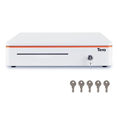 Tera 16 inch Auto Open Cash Drawer with Micro Switch Heavy Duty Insert Tray 5 Bill 8 Coin for POS System Removable Cash Tray Media Slot 24V RJ12 Key-Lock (Round Corner) for Small Business Retail 405R