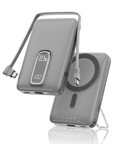 Nllosa for MagSafe Portable Charger Fast Charging,22.5W 10000mAh Magsafe Power Bank with Built-in Cable and Stand, for Battery Pack Compatible with iPhone 17/16/15/14/13/12(Grey White)