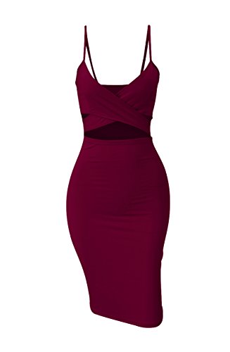 Doramode Sexy Spaghetti Strap V-Neck Cut Out Bandage Bodycon Clubwear Cute Midi Dress For Women,Burgundy Wine Red