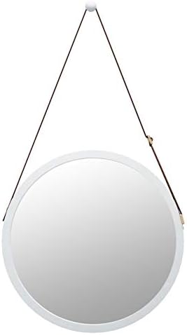 Domax Bathroom Mirror Wall Mount - 15 inch Bamboo Frame Hanging Strap Round Bedroom Dressing Mirror Hook Offered Natural Rustic (White, 14.96''x14.96''x0.59'')