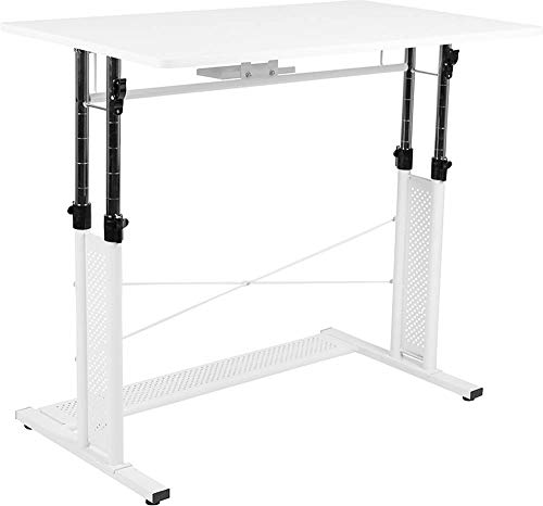 Flash Furniture Hauteur réglable (69,2 à 90,8 cm de Hauteur), Bureau Assis-Debout à Domicile, métal, Blanc, 99,7 cm de Large x 60,3 cm de Profondeur x