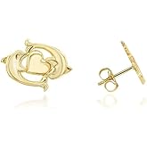 Womens Yellow Gold Dolphin Heart Stud Earrings 0.35"