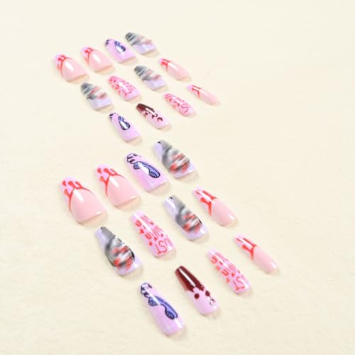 Halloween Press on Nails Medium Coffin Fake Nails Blood False Nails with Design Cute Ghost Glue on Nails Purple Coffin Full Cover Glossy Acrylic Stick on Nails for Women DIY Holiday Nail Decor 24Pcs - Image 3