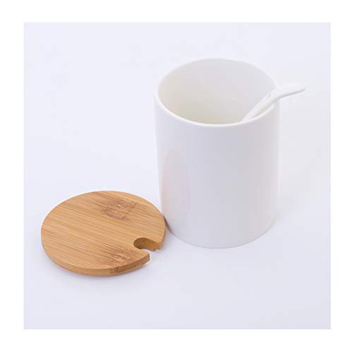 Porcelain Sugar Bowl with Spoon and Bamboo Lid, LUCKYGODDNESS 10.8 FL OZ Ceramic White Spice Jar Salt Pepper Holder Container Box Flour Serving Condiment Pot for Housewarming Gift