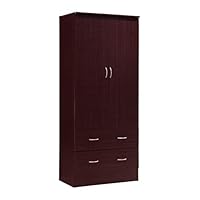 Hodedah Two Door Wardrobe, with Two Drawers, and Hanging Rod, Mahogany