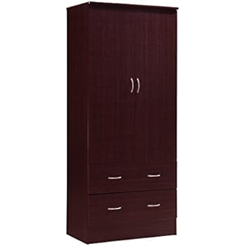 Hodedah Two Door Wardrobe, with Two Drawers, and Hanging Rod, Mahogany