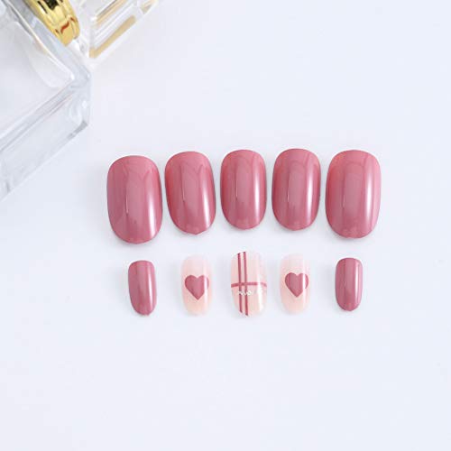 Tgirls 24Pcs Pink Glossy False Nails Heart Full Cover Medium Oval Fake Nails Nude Wedding Party Nail for Women and Girls - Thumbnail 3
