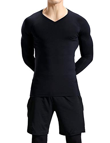 Lavento Men's 3 Pack Compression Shirts Baselayer Long-Sleeve Dry Fit T-Shirts (V Neck Black/Dark Gray/White,X-Large) - Thumbnail 5