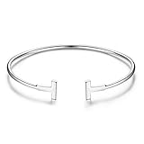 SHEGRACE Bangle 925 Sterling Silver Cuff Bangle for Girls with Wiredrawing Alphabet T, Silver