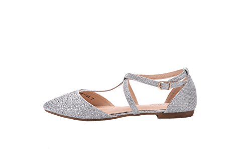 Mila Lady Laurel Womens Pointed Toe Ankle Strap T-Strap D'Orsay Dress Flats Shoes,SILVER5.5