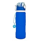 Collapsible Water Bottle Lightweight Outdoor Bottle Portable Sports Silicone Flexible Leak-Proof Bottle Foldable Reusable Camping Hiking Traveling Walking Running Smart Hydration Solution 750ml-Blue