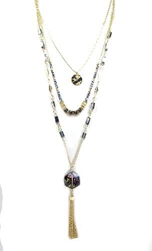 Madison Kate Fashion Crystal Pendant Beaded Bohemian Triple Layer Layering Gold Tone Dainty Tassel Necklace