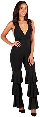 Women's Too Hot To Handle Ruffle Layered Bottom Sexy Halter Dress Jumsuit (MEDIUM, BLACK-H33819)