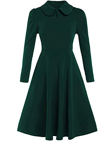 ROMWE Women's Vintage 1950s Retro Collared Long Sleeve Fit and Flare Swing Party Dress Green M