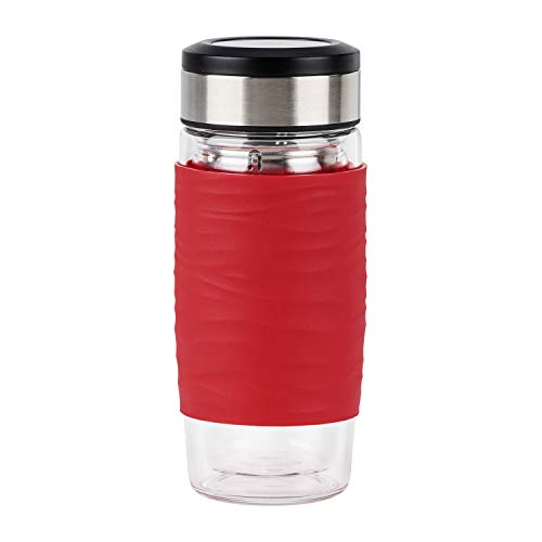 Emsa N20804 Tea Mug Teebecher aus doppelwandigem Glas | 0,4 Liter | herausnehmbares Sieb | BPA-Frei | 100% dicht | auslaufsicher | spülmaschinengeeignet | 360°-Trinköffnung | Rot