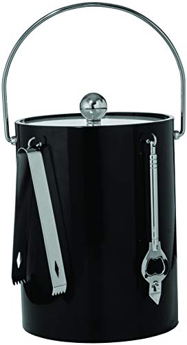 Hand Made In USA Black Double Walled 5-Quart Insulated Ice Bucket With Ice Tongs & Bottle Opener