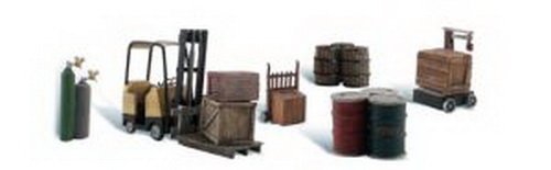 Loading Dock Details (Forklift, Crates, Barrels, Wellding Tanks & Hand Cart) HO Scale Woodland Scenics