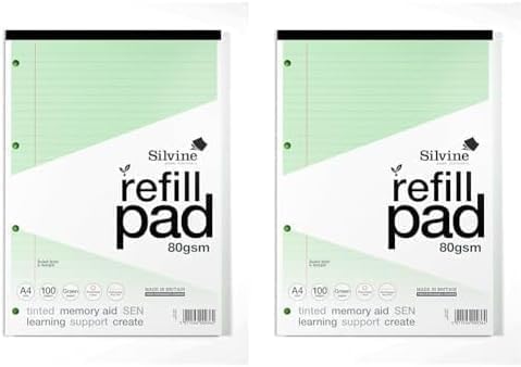 Silvine A4 SEN Tinted Paper Refill Pad Green - Lined with Margin (100 Pages) (Pack of 2)