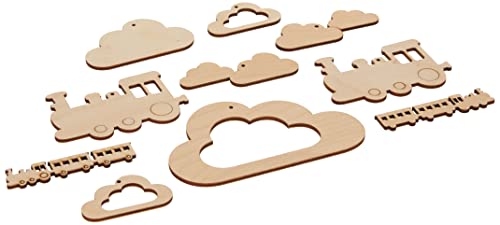 Rayher 63066505 Set of 6 Wooden Cloud and 4 Train Shapes for DIY Mobile Wall Hanging and Crafts, 10 Pieces, natural wood, 6-14cm