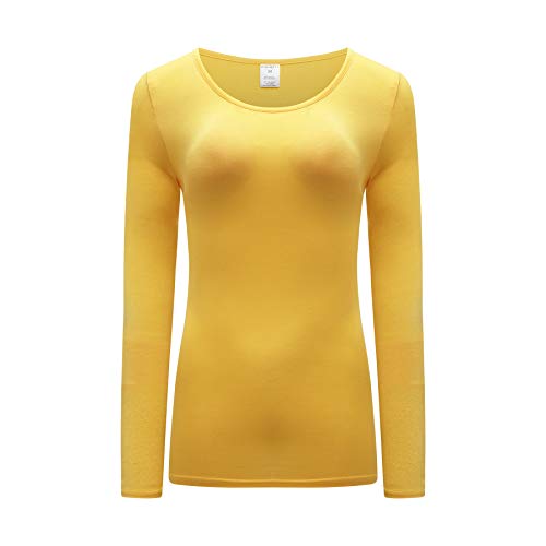OThread & Co. Women's Long Sleeve T-Shirt Scoop Neck Basic Layer Spandex Shirts (Small, Yellow)