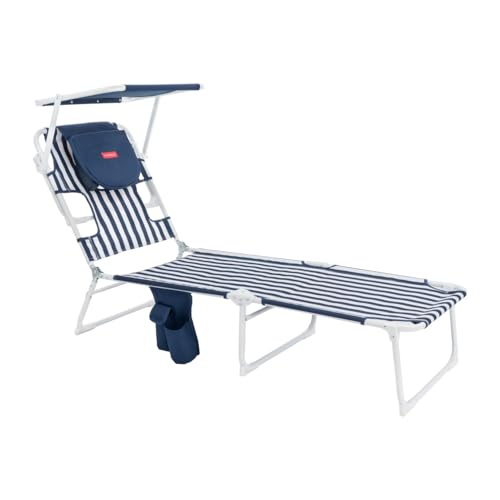 Chaise de Plage - Transat Pliable - 5 Positions - Parasol Réglable UPF 50+ - Trou pour la Tête et Bras - Oreiller Ergonomique - Aluminium et Polyester - Bleu