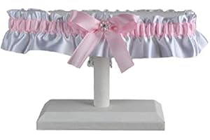 Pink and white satin wedding garter with iridescent flower and rhinestone, Prom and wedding lingerie, Toss or keepsake garter