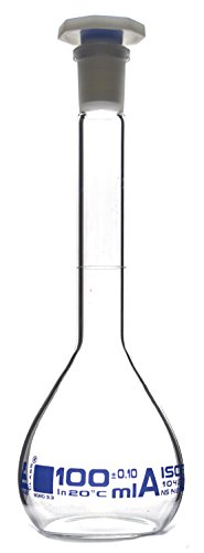 Volumetric Flask, 100ml - Class A - 14/23 Polypropylene Stopper, Borosilicate Glass - Blue Graduation, Tolerance ±0.100 - Eisco Labs