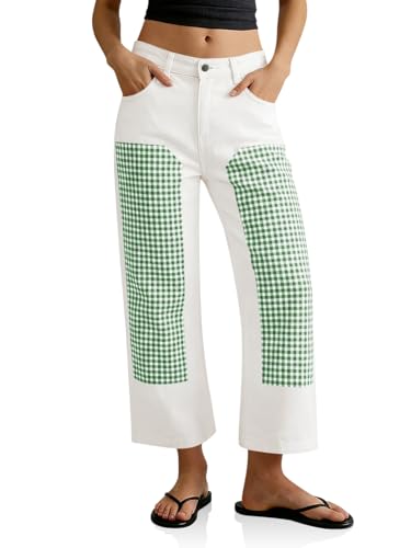 Tankaneo Women Cropped Polka Dot Jeans Casual High Waisted Straight Leg Patchwork Y2K Denim Pants with Pockets Green at Amazon