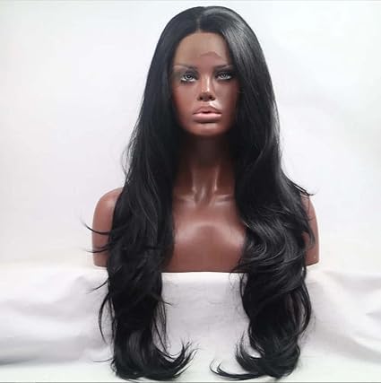 RainaHair Black Lace Front Wig for Women 1b# Long Natural Wavy Free Part Synthetic Heat Resistant Fiber Hair Half Hand Tied 13 * 3 Part Lace Black Wig 26inch