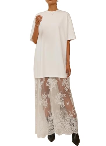 Pinclodly Women's Maxi Dress Short Sleeve T Shirt Dress Summer Crewneck Basic Black Lace Flowy Dresses Long Casual Outfits at Amazon