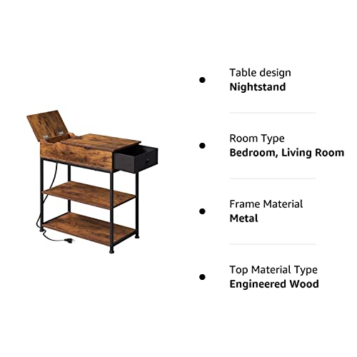 WLIVE Flip Top Side Table with Charging Station, Narrow End Table with