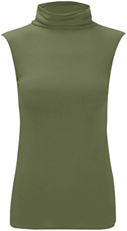 R KON Women's Plain Sleeveless Roll Polo Neck Stretch Turtle Jersey Basics Top T Shirts