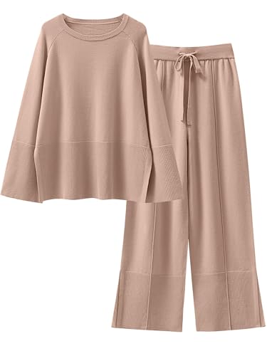 ANRABESS Womens 2 Piece Outfits Oversized Knit Sweater Set Wide Leg Pant Cozy Lounge Matching Pajama Sets 2025 Trendy Clothes