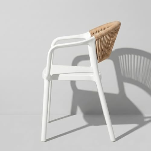 MARCOLO Chair with Arms, Outdoor Plastic Dining Armchair, Weather & UV Resistant Patio Chair for Balcony, Garden, Kitchen & Indoor Outdoor Use, Modern Rope-Style Design, 41x53.5x82cm (White)