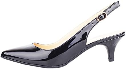 queenfoot Women's Low Heel Pointed Toe Slingback Buckle Strap Comfort Dress Pumps Shoes Black Patent 11 B(M) US