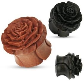 Earrings Rings Organic Wood Full Bloom Rosebud Handcarved Double Flared Plug