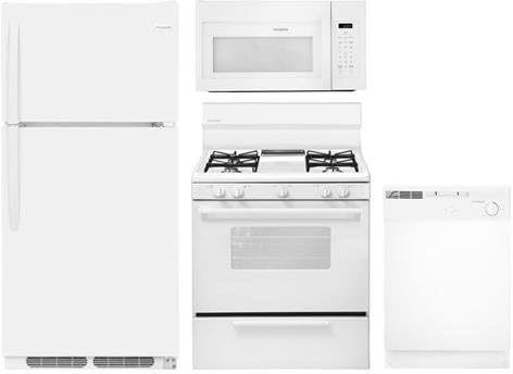 Frigidaire 4-Piece White Builder Package with FFTR1514TW 28" Top Freezer Refrigerator, FFGF3005MW 30" Gas Freestanding Range, FBD2400KW 24" Built In Dishwasher and FFMV1645TW 30" over the Range Microw
