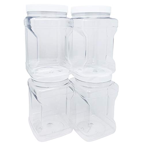 Kelkaa 64oz Clear PET Plastic Square Wide Mouth Jars with Grip Handle and White Ribbed Lined Caps, BPA Free, Multi-Use Empty Containers, Household Dried Food Canisters, Made in the USA (Pack of 4) - Thumbnail 7