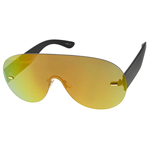 zeroUV - Futuristic Rimless Frame Mono Lens Aviator Shield Sunglasses 71mm (Black / Orange Mirror)