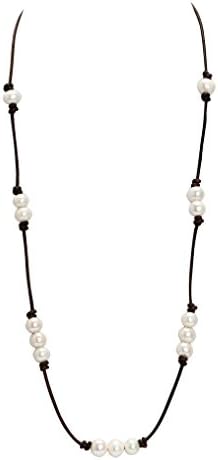 Brown Single Leather Strand Beaded cultured Pearl Necklace Long,31.5 Inch with different Wear Style