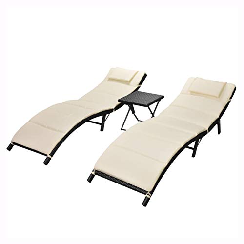 Sunlounger, Folding Sun Loungers 2 pcs with Table Poly Rattan Black