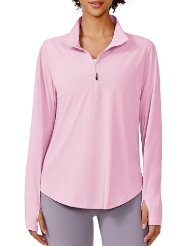 PINSPARK Workout Tops for Women UPF 50+ Long Sleeve Hiking Running Shirts 1/2 Zip Quick Dry Yoga Athletic Tops with Thumb Hole,Pink XL at Amazon