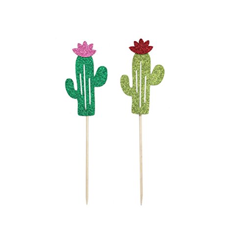 JANOU Green Cactus Tropical Palm Leaves Glitter Cake Toppers Cupcake Picks Cake Decoration for Wedding Birthday Luau Party Decoration Pack 12pcs