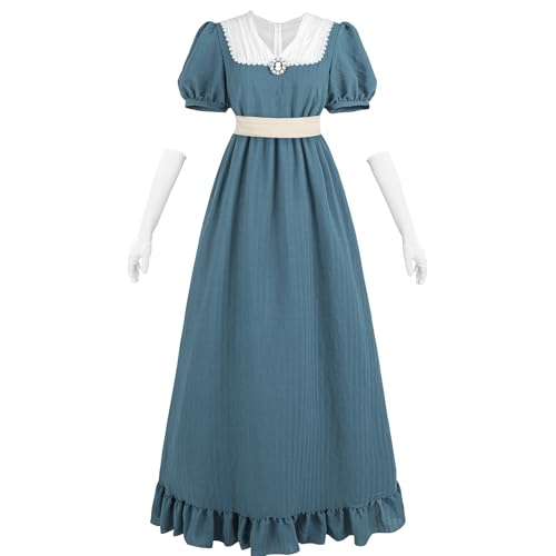 CR ROLECOS Abito vittoriano 19 secolo Regency abito donna scollo a V vita impero con guanti per tea party ballo, abito da sera, Blu, XXL