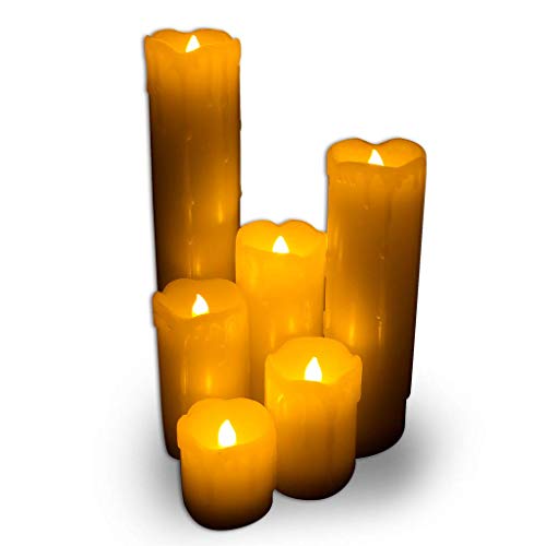 WYZworksLED Flickering Flameless Melting Ivory Timer Candles, Set of 6 Faux Dripping Wax, Battery Operated for Christmas Valentine Halloween Holiday Viking Gothic Decor 2" Wide and 2-9" Tall Pillar