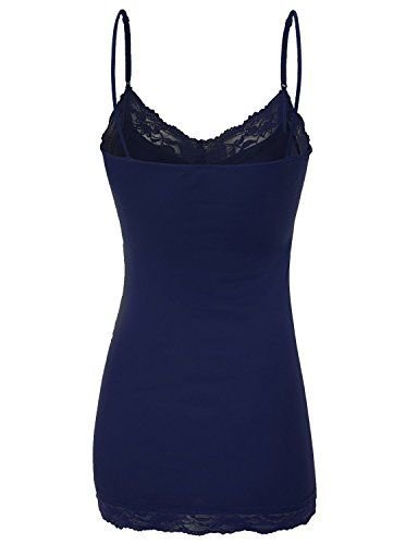 RT1004 Ladies Adjustable Spaghetti Strap Lace Trim Long Tunic Cami Tank Top Navy M