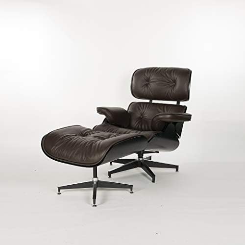 eoe Simple Modern Fashion Style Living Room Genuine Leather Wood Lounge Chair and Ottoman (Black Oak Brown)