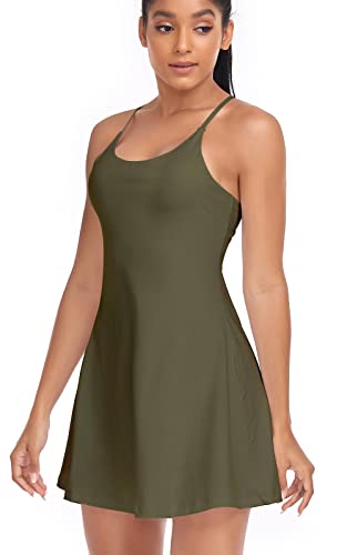 Women's Tennis Dress, Athletic Workout Sports Golf Dresses with Built-in Bra & Shorts Exercise Dresses for Women Military Green